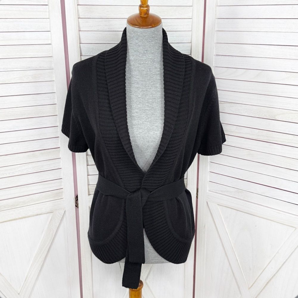 Belldini Shawl Collar Belted Cardigan‎ Sweater Black Large Short Sleeve Open
